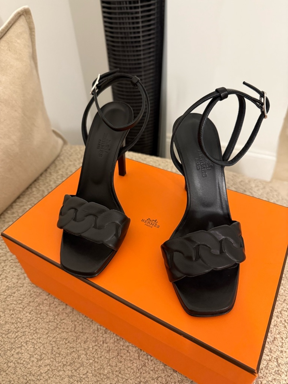 Hermes Black Gala Leather sandal heels